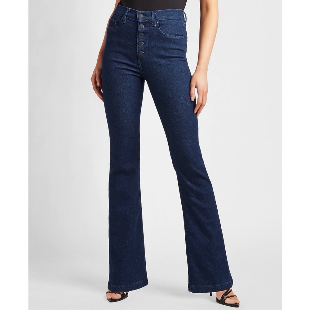 Express Super High Rise Button Flare Jeans